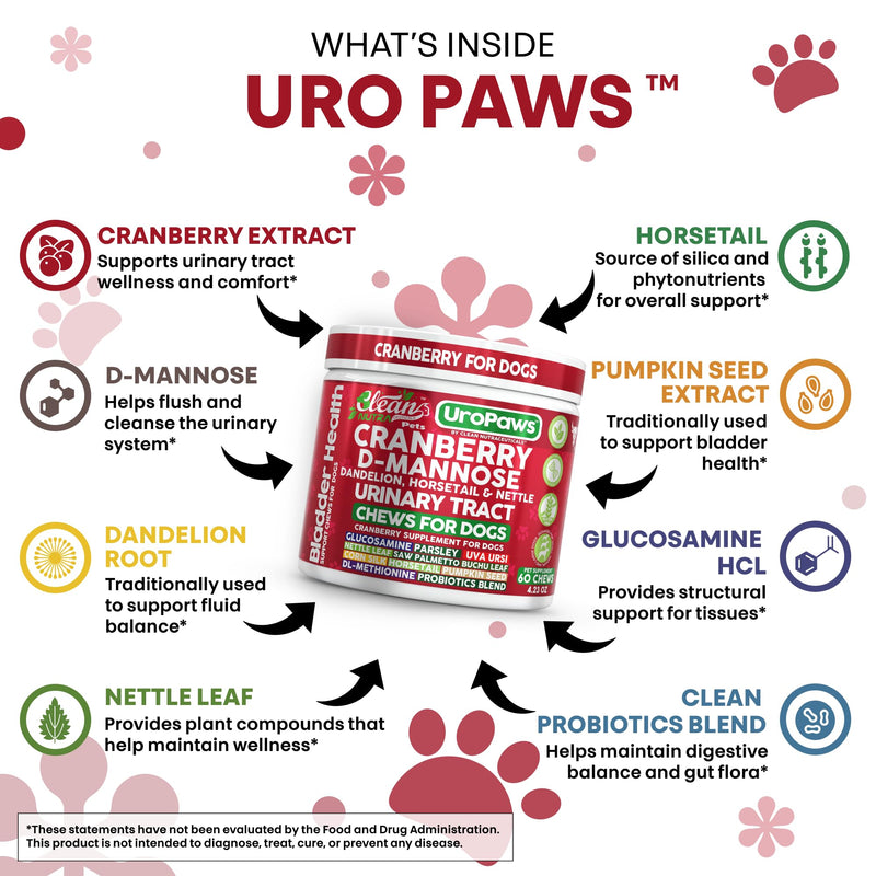 Dog UTI Treatment | Cranberry for Dogs | Urinary Tract Bladder Control | D-Mannose Dandelion Glucosamine HCL Marshmallow Nettle Leaf Saw Palmetto Uva Ursi Horsetail Beef Flavor by Clean Nutra Pets