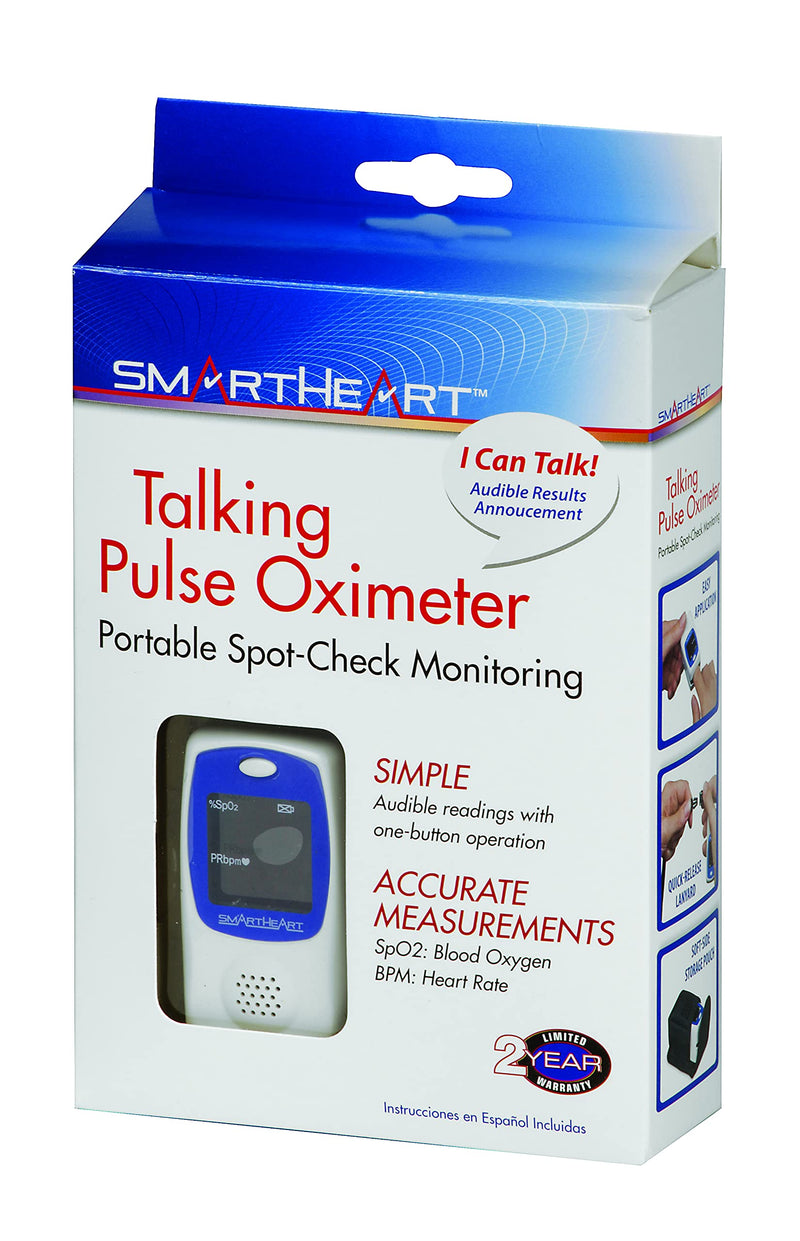 SmartHeart Talking Pulse Oximeter | Audible Result Announcement | Blood Oxygen Saturation | Complete System Monitor Lanyard and Batteries | Portable Spot-Check Monitoring
