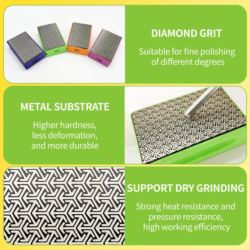 Diamond Hand Polishing Pads, 4PCS Diamond Sanding Pads with Foam Backing 60/100/200/400 Grit,Sanding Block for Glass Wood Ceramic Marble Metal Tile Tools(Wet&Dry 4 PCS