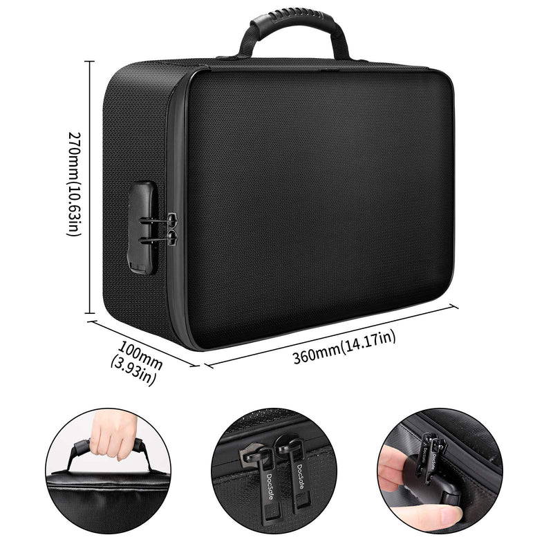 DocSafe Document Bag with Lock,Fireproof 3-Layer File Storage Case with Water-Resistant Zipper,Document Safe Portable Travel Home Organizer Bag for Laptop,Files,Certificates,Gifts for Him,Black 14.2"x10.6"x4" Black