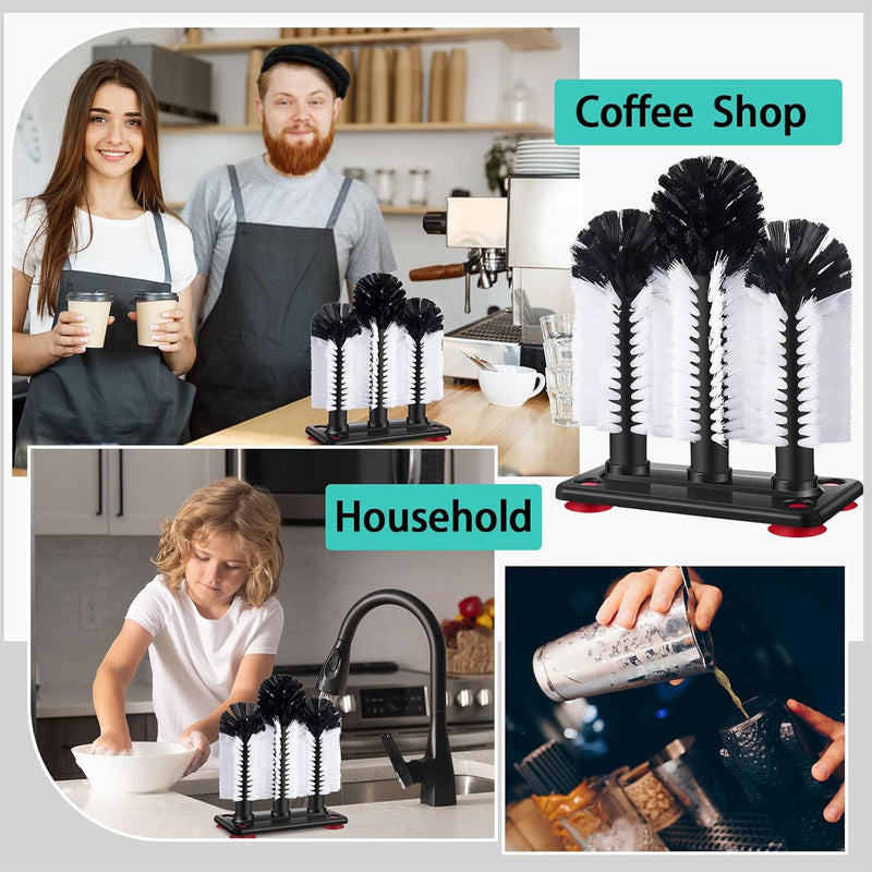 360°Glass cup cleaning brush,Water Bottle Cleaning Glass Washer Cup Sink Washer Brush with Suction Base Bristle Brushfor Sink,3Head Flexible Bristles Double Sided Glass cup cleaning brush(Black+White)
