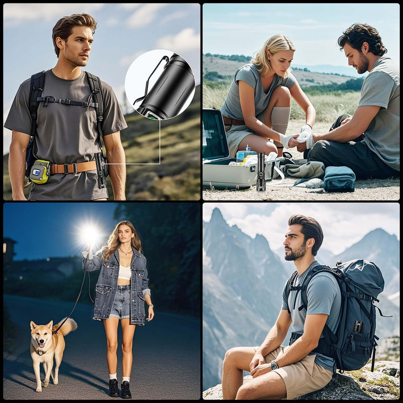 JAY-PARK High Lumen Flashlight - 100000 Lumens, Rechargeable 5000mAh with LCD Display, Zoomable Long Beam (3000m), IP67 Waterproof, 5 Modes & Belt Clip - for Camping, Dog Walking Black