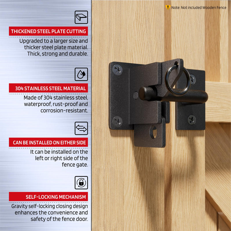 304 Stainless Steel Wooden Fence Self-Locking Gate Latch Heavy-Duty Gravity-Style Fence Gate Latch Privacy Latch, For Wooden Doors, Metal Doors, and Vinyl Fences Gate Lock Hardware (Black-Sand) Black