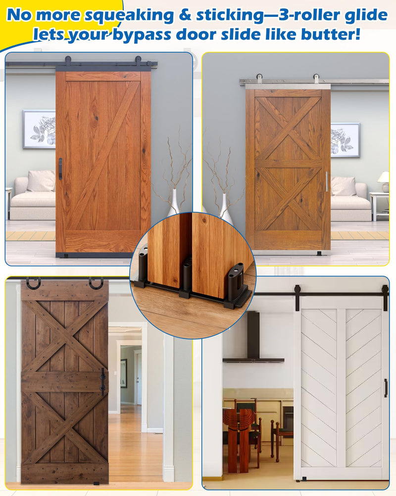 3-Roller Adjustable Sliding Closet Door Floor Guide Upgrade Kit (2 Pack), Black Bottom Mount for Bypass, Double Bypass & Barn Doors 3-Roller Guide - 2 Pack