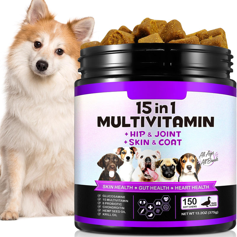 15-in-1 Dog Vitamins and Supplements with Glucosamine & Probiotics, 150ct Dog Multivitamin Chewable Natural Multivitamin Pet Supplement Hip & Joint Support Immune Health Heart Digestion, Duck Flavor