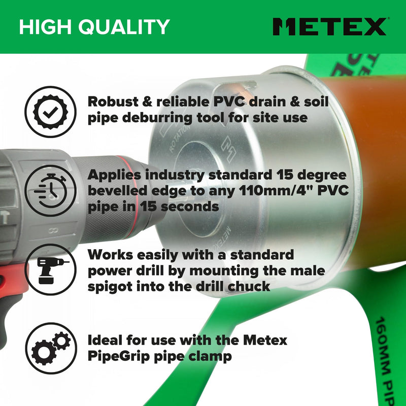 Chamf Deburring Tool 4 1/3"/110mm PVC Plastic Soil Drainage Pipe Chamf Works Easily Mounted On A Power Drill. Applies Industry Standard 15 Degree Chamfer in 15 Seconds.