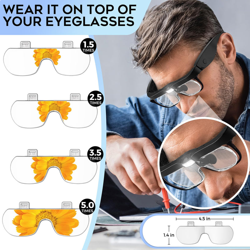 Magnifying Glass with Light 1.5X to 5.0X, Rechargeable Magnifying Glasses Head Magnifier, Lighted Magnify Glass with 4 Detachable Lenses, Magnifier Headset for Close Work Hobbies Jewelry Black