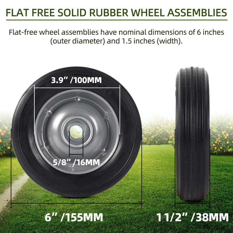(2-Pack) AR-PRO 6” x 1.5” Flat Free Solid Rubber Wheel Assemblies - Replacement Hand Truck Wheels with Ball Bearings and 5/8” Bore Hole Diameter - Heavy-Duty Solid Rubber Wheels 132 lbs Load Capacity 5/8"
