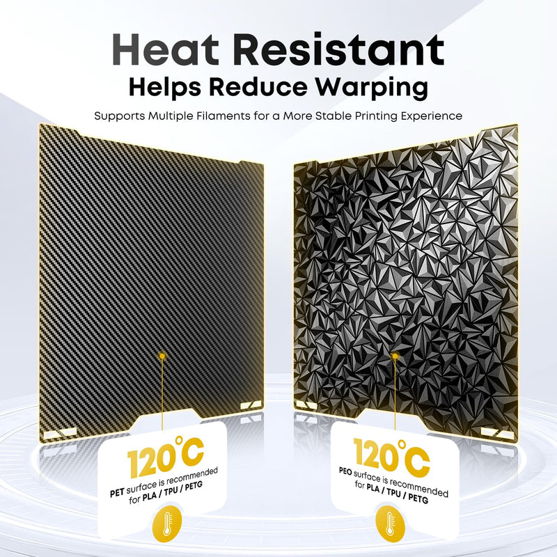 3D Printer Build Plate for Bambu Lab A2L/H2C, PET+PEO, 335x325mm | Dual texture, carbon fiber & diamond finish, flexible spring steel, easy removal, PLA TPU PETG, up to 120°C bed temp PET Carbon Fiber + PEO Diamond
