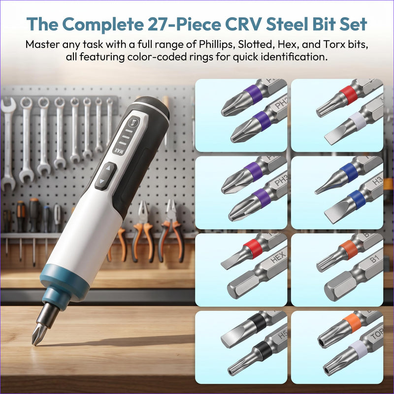 Hantinstom 3.7V Cordless Electric Screwdriver Kit, Rechargeable Power Screwdriver with 26-Piece Magnetic Bit Set, Dual LED Light, USB Charging Cable & Carrying Case