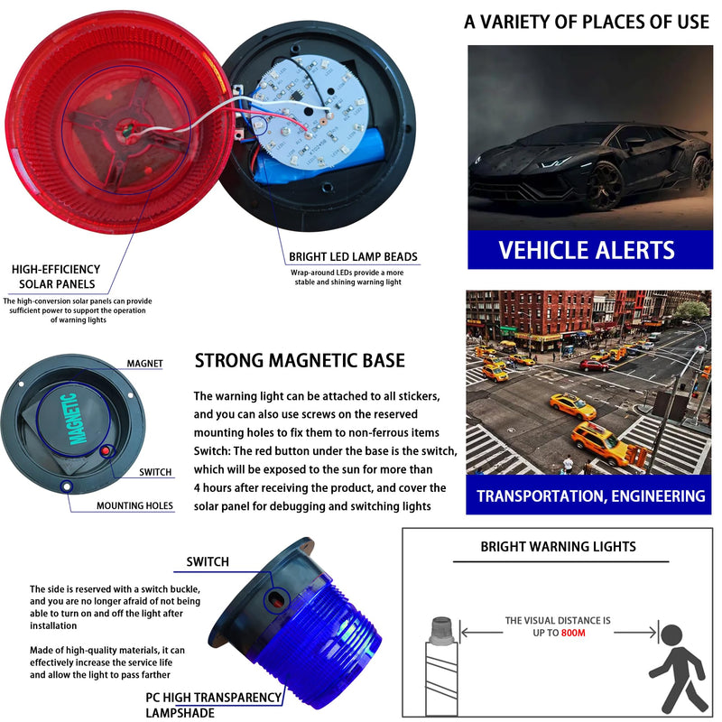 Solar Strobe Warning Light: Strong Magnetic Base Waterproof Traffic Light,Solar Safety Flashing LED Lamp for Construction, Traffic, Factory, Safety Sign, Crane Tower, Boat Navigation (Blue) Red and Blue