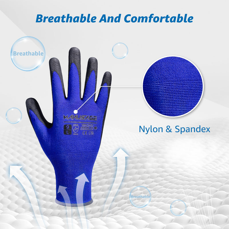 Safety Gloves for Men and Women - Microfoam Nitrile Work Gloves Large, Thin With Touchscreen Fingers and Grip - 12 Pairs, Blue