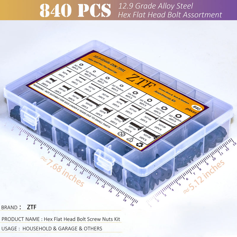 840PCS Metric M2 M3 M4 M5 Hex Socket Flat Head Screws Bolts Nuts Washers Assortment Kit with Storage Box, 10.9 Grade Alloy Steel Metric Thread Hexagon Allen Machine Bolt, DIN 7991 with 4 Hex Wrenches Flat Socket Head