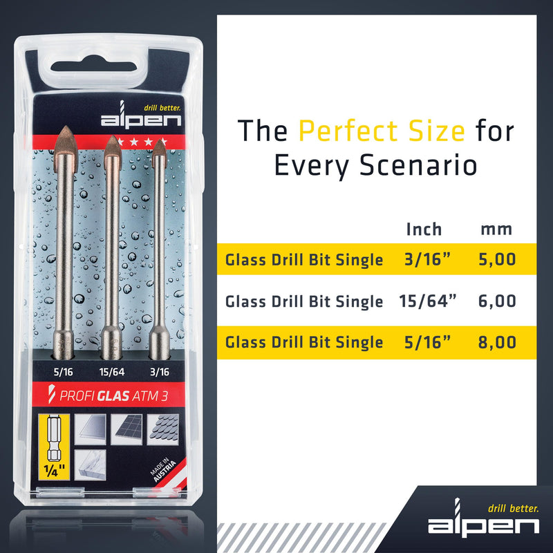 ALPEN 3-Piece Glass & Tile Drill Bit Set – Tungsten Carbide Spear Point for Ceramic Tile, Glass, Mirror & Porcelain – Clean, Chip-Free Holes – Austrian Engineering 3 PCS Set