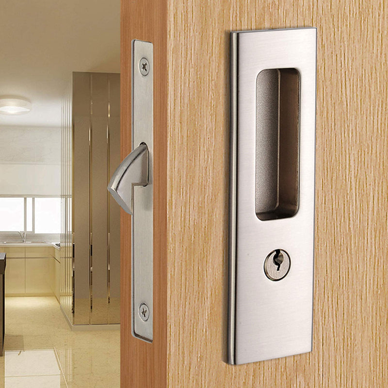 CCJH Sliding Door Lock Invisible Recessed Handle Latch with Keys for Pocket Door Barn Wood Door Interior Privacy Furniture Hardware Silver