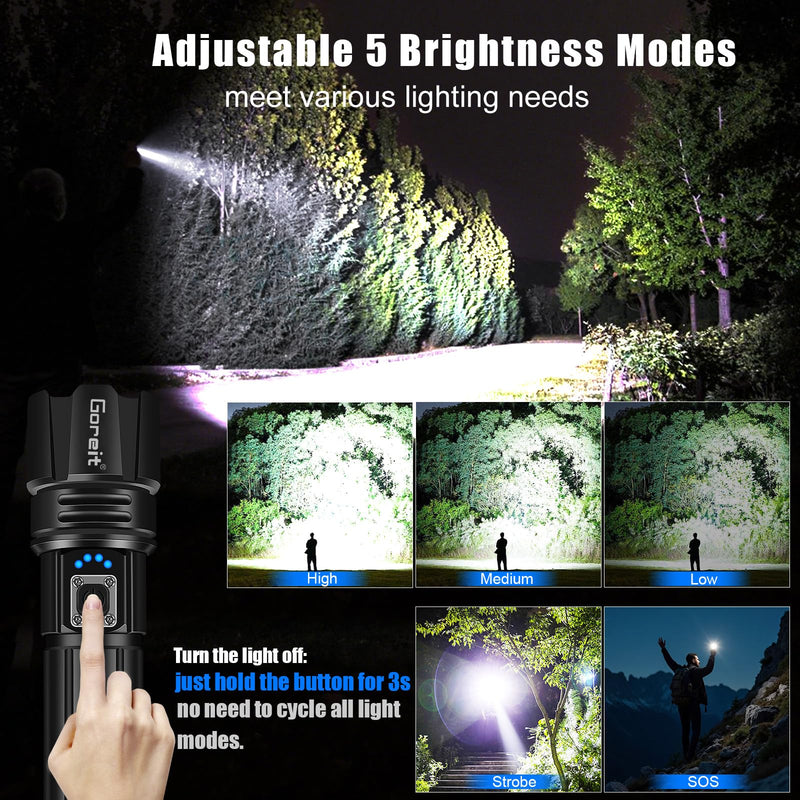 Goreit Super Bright LED Flashlight - 30W Output for 50000 Lumens & 3937ft Beam, USB-C Rechargeable with 12H Runtime, IP67 Waterproof Powerful Handheld Linternas for Home, Camping, Hiking, Emergency Black