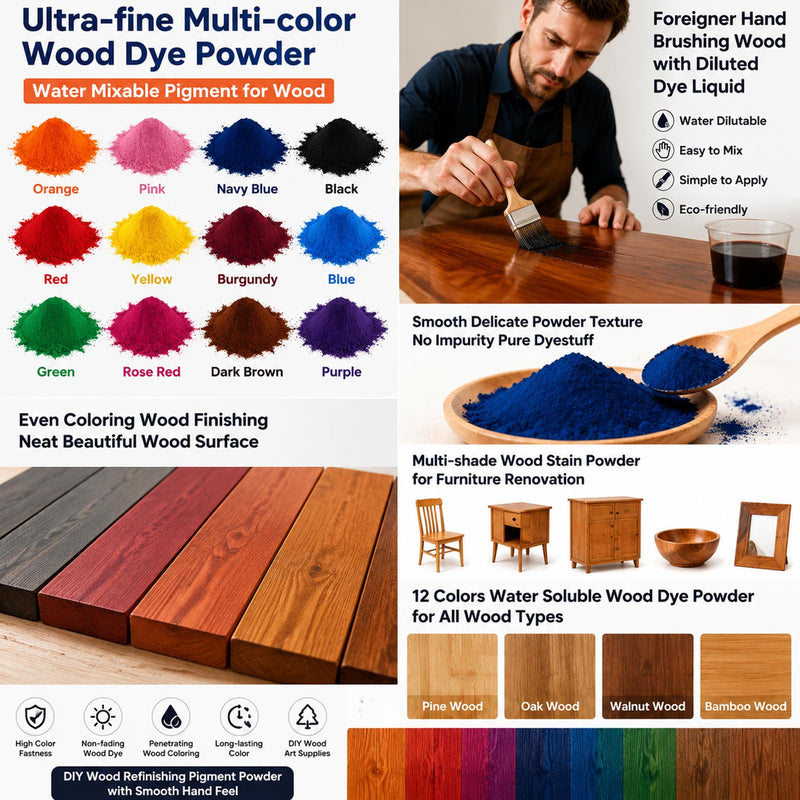 GOODTAKE 5 Colors Concentrated Wood Stain Powder in Jars | Includes Purple, Rose Red, Navy Blue, Green, Black | Long-Lasting Supply for Crafts, Furniture | Just Add Water to Activate 2 oz. Per Color