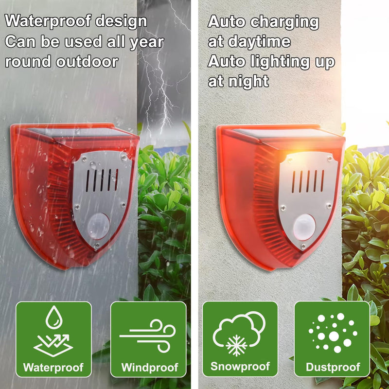 Solar Outdoor Motion Sensor Alarm - Dog Barking&Gunshot Sound 129db, Light Strobe Light Warning Lamp with USB, Motion Detector Noise Maker Warning Lamp for Home, Villa, Farm, Barn, Yard (2 Pack) Induction & Dog Gun 2PCS