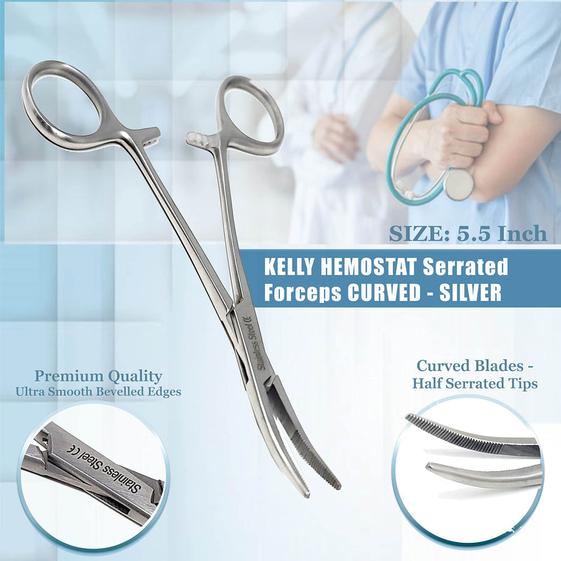 Set of 2 Pcs 5.5" Straight & Curved Kelly Hemostat Forceps Locking Clamps Premium Quality Stainless Steel Set-with Half Serrated Jaws (Silver) Silver