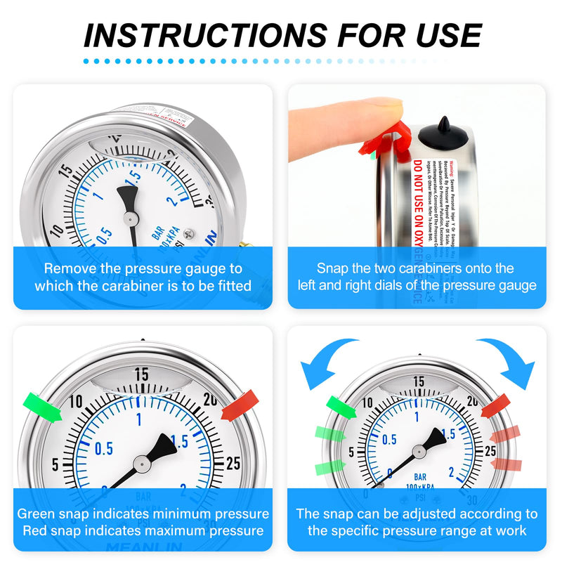 MEANLIN MEASURE 0~30Psi Low Liquid Filled Pressure Gauge Stainless Steel 1/4" NPT 2" FACE DIAL for Pool Sand Filter Water Oil Air Pressure Test Lower Mount, with Hex Bushing and 2PCS Snaps 0-30 Psi