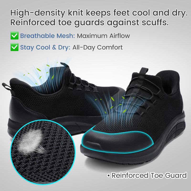 Work Shoes for Men and Women, Non-Slip Oil-Resistant Kitchen Shoes, Hands-Free Slip-On Arch Support Chef Food Service Sneakers, Breathable Lightweight Black Standing All Day Safety Shoes 11.5 Wide Women/9.5 Wide Men