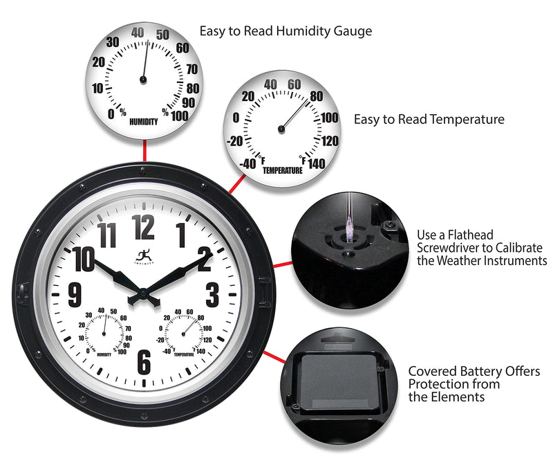 Infinity Instruments Forecaster Indoor/Outdoor Wall Clock, Thermometer, Hygrometer Combo, Stylish Durable Waterproof Weather Station for Your Home, 16 Inch, Black Black & Silver