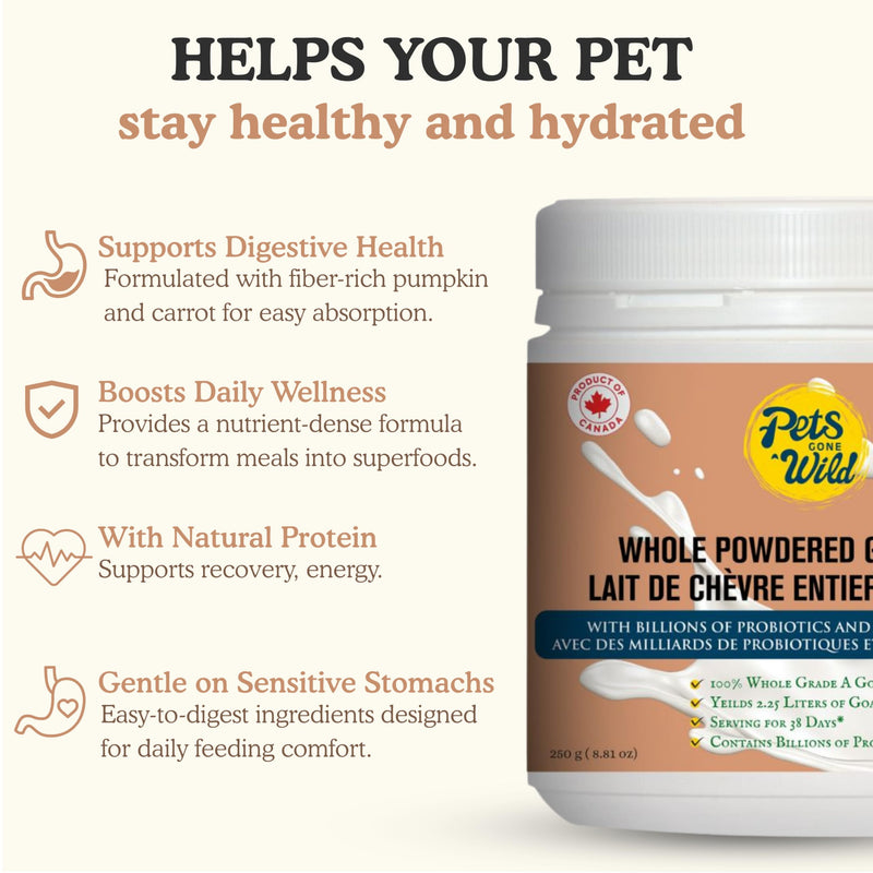 Pets Gone Wild | Goat Milk Powder with Pumpkin & Carrot for Dogs & Cats | Probiotics for Dogs | Gut Health Formula for Picky Eaters | All Natural Dog Food Topper | No Artificial Flavours | 250g