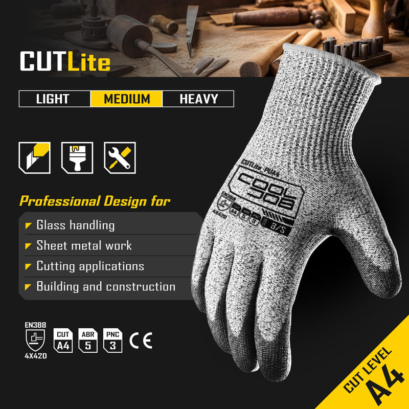 COOLJOB 12/120 Pairs Cut Resistant Safety Work Gloves with Grip, 13 Gauge Seamless Shell with PU Coating, ANSI A2 A4 A6, Gray Large (Pack of 12) Ansi A4 Cut Level