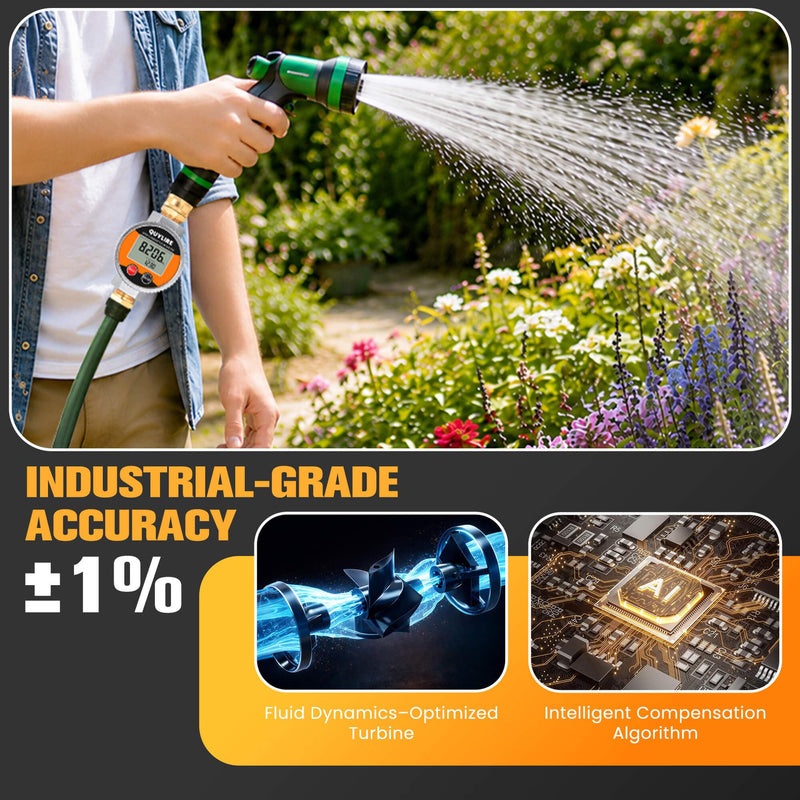 360° Water Flow Meter, Metal Flowmeter with 3/4" GHT Brass Connector for Garden Hose, RV, Pool, House, Lawn Sprinkler and Yard Watering, Supports Gallon, Liter, GPM, LPM, m³, QTS, PTS