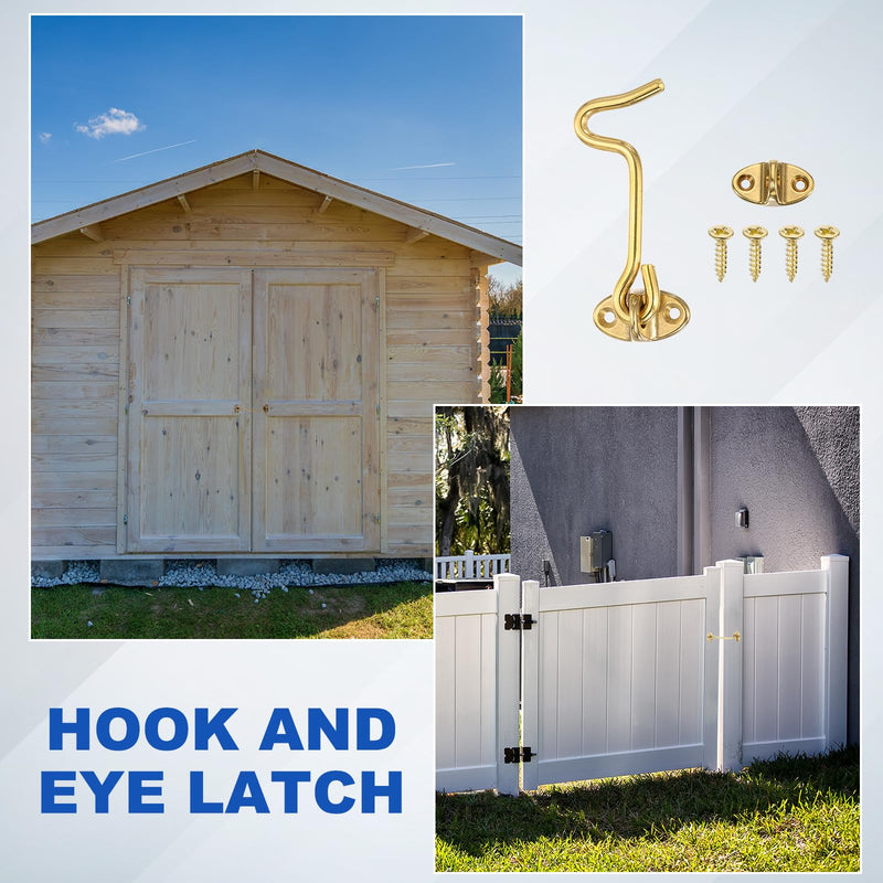 uxcell 4Pcs Hook and Eye Latch, 3" Brass Barn Door Latch with Screws, Cabin Privacy Door Gate Hooks for Window Sliding Door Fence Shed, Brass 3 Inch 4