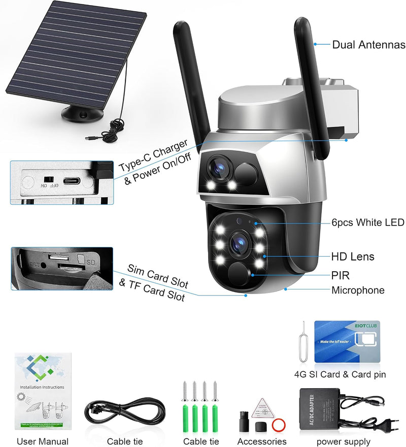 4G LTE Cellular Solar Powered Security Camera Wireless Outdoor, No WiFi Security Camera with SIM Card & Unlimited Data Plan, 2 Way Talk, 355° Live View, 2K Color Night Vision, PIR Motion Sensor