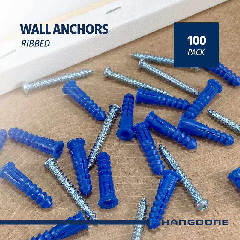 Ribbed Wall Anchors #10-#12 1-1/4-Inch with Screws 100-Pack, Blue, Plastic Anchor for Drywall/Concrete, Pan Head Phillips Screw Included 1-1/4" BLUE 100-PACK