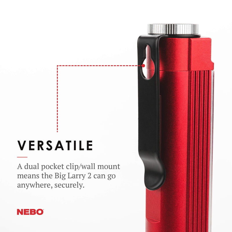 NEBO Big Larry 2 Work Light | 500 Lumens, 4 Light Modes, Magnetic LED Flashlight & Portable COB Task Lamp, Battery Powered, Pocket Clip, Water Resistant, Includes 3x AA Batteries — Red