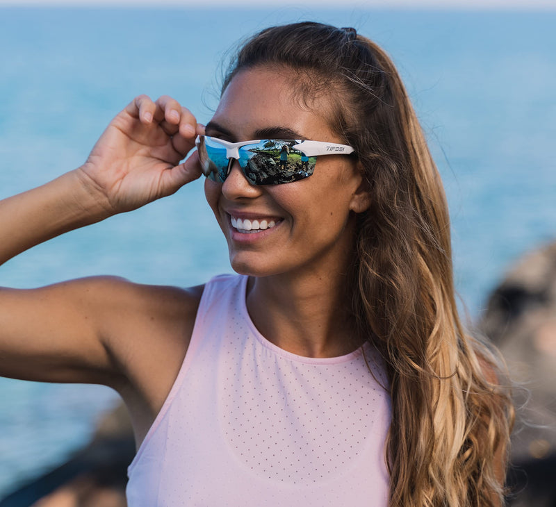 Tifosi Track Sport Men & Women Sunglasses - Ideal For Baseball, Golf, Pickleball, Running and Tennis - Unisex Glasses White/Black (Smoke Bright Blue Lens)