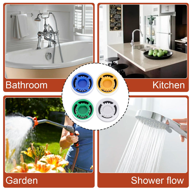 4pcs Shower Head Flow Restrictor, Shower Head Flow Reducer, 1.5 1.8 2.0 2.5 GPM Shower Head Water Saver, Shower Head Limiter for Bathroom, Kitchen, 0.56 × 0.54 × 0.21 inch blue,yellow,green,white
