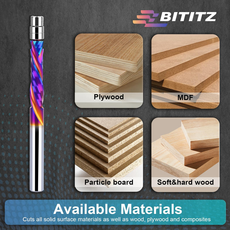 2PCS Up & Down Cut Spiral Flush Trim Router Bit 1/4 Inch Shank 1/4 Inch Cutting Diameter, CNC Router Bits End Mill for Wood Cutting, Slot Mortise, Engraving 2 pieces COMPRESSION CUT