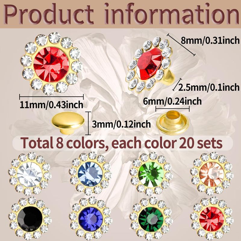 160 Sets Colorful Rhinestone Rivets 11mm Flower Rhinestone Stud Leather Rivets for DIY Bags, Belts, Jackets, Leather Art and Crafts