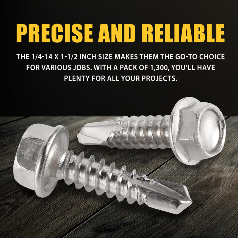 ASMC Industrial Self-Drilling Screw 1/4"-14 x 1-1/2" - Hex Washer Head 3-Point Tip - Zinc-Plated, Low Carbon Steel for Corrosion Resistance - Pack of 100
