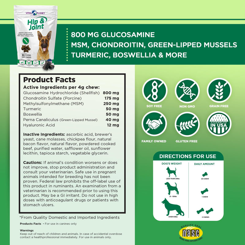 Vital Planet - Hip and Joint Soft Chews for Dogs, with Glucosamine, MSM, and Collagen from Green-Lipped Mussel - 30 Bacon Flavored Soft Chews - PawsPlanet Australia