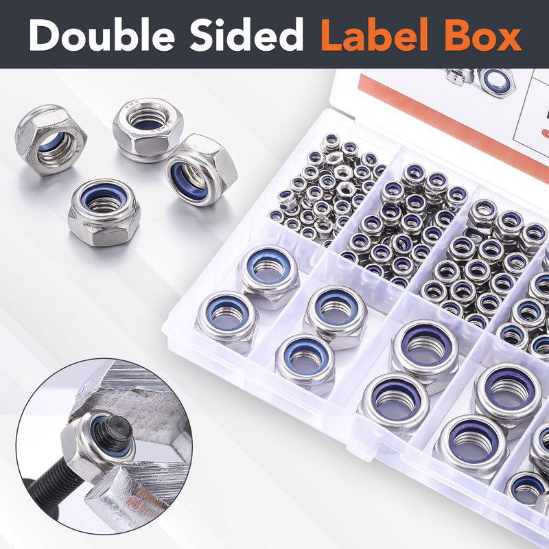 166 Pcs Metric Locknuts Assortment Kit, M3 M4 M5 M6 M8 M10 M12 Nylon Insert 304 Stainless Steel Hex Lock Nuts Hardware Nut Metric Locknuts 166Pcs