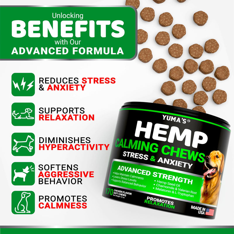Hemp Calming Chews for Dogs - Advanced Dog Calming Chews - 170 Chews - Anxiety Relief Treats - Separation Aid, Barking, Stress Relief, Thunderstorms - Melatonin - Hemp Oil - Made in USA Hemp Calming Chews