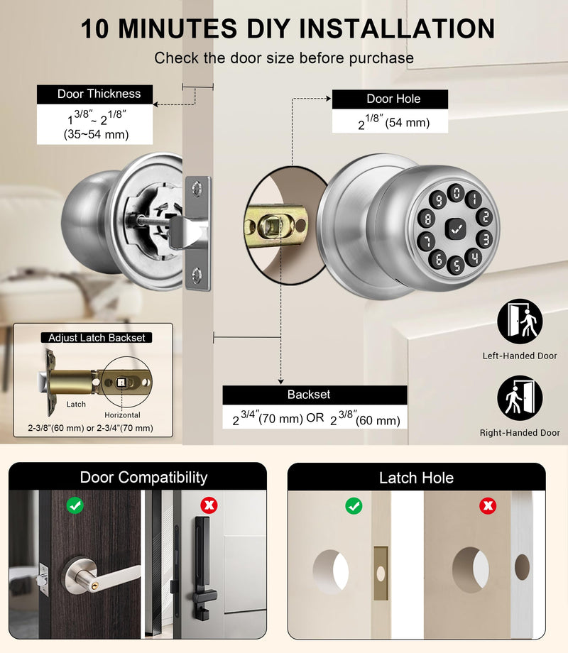 Smart Keypad Door Lock with Handle, Smart Door knobs with Lock, Auto Door Lock with Code and App, Keyless Entry Door Knob for Bedroom, Front Door, Smart Home, Apartment, Local Data Storage Silver
