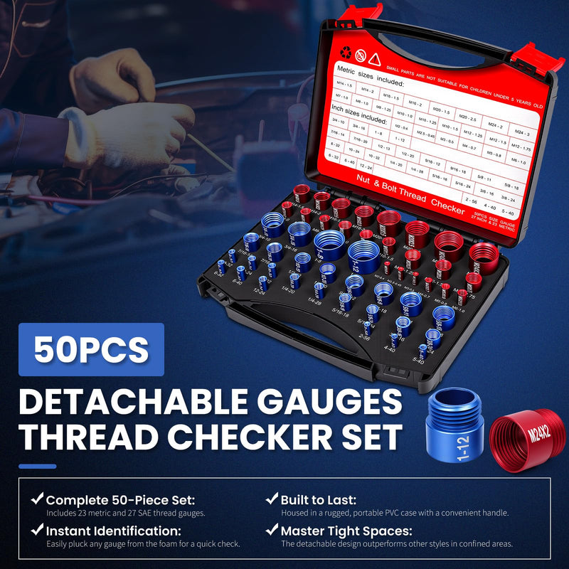 50Pcs Thread Checker Set, SAE & Metric Nut and Bolt Thread Gauge with Case, 27 Imperial & 23 Metric Bolt Size Finder for Narrow and Tricky Areas