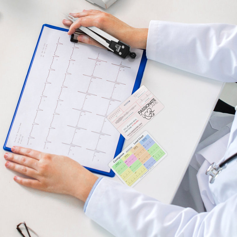 EKG Calipers Plus ECG Rhythm Interpretation Badge Cards. The Perfect Divider Combination. It Is The Ultimate 12 Lead Cheat Sheet For Nurses and Medical Students Alike. Caliper and Flash Cards. Ideal