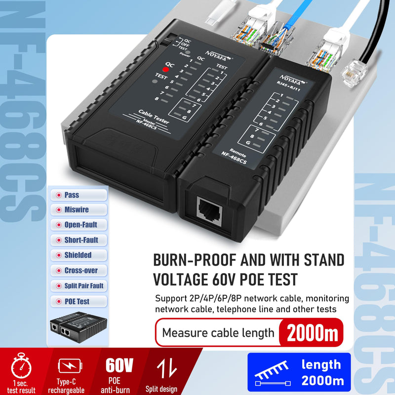 NF-468CS Network Cable Tester Ethernet Cable Wire Tester with Continuity Test for RJ45/RJ11/RJ12/POE/CAT3/CAT5/CAT5E/CAT6/CAT6A UTP/STP LAN and Telephone Line Testing Tool 468CS