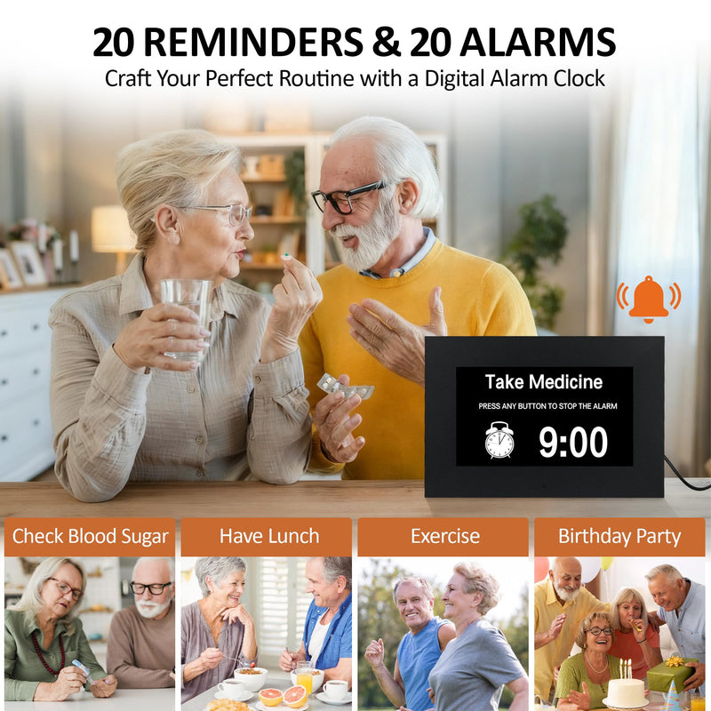 7" Digital Alarm Clock for Seniors, Dementia Clock with Day and Date for Elderly, Digital Calendar Day Clock with 20 Reminders & 20 Alarms, Auto-DST 7" Non-Touchscreen Black