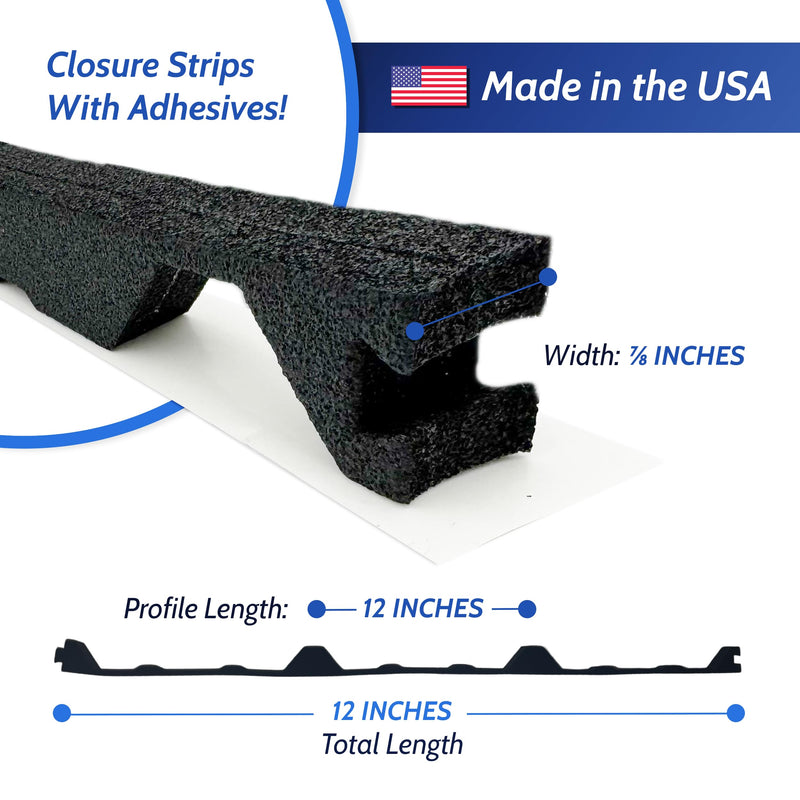 Duco R Panel Foam Closure Strips 3ft Long, 12" Rib Spacing - 20 Pack of USA-Made Black Inner Foam Closure Strips for Metal Roofing Panels - Blocks Gaps, Moisture, Noise, & Dust (with Adhesive)