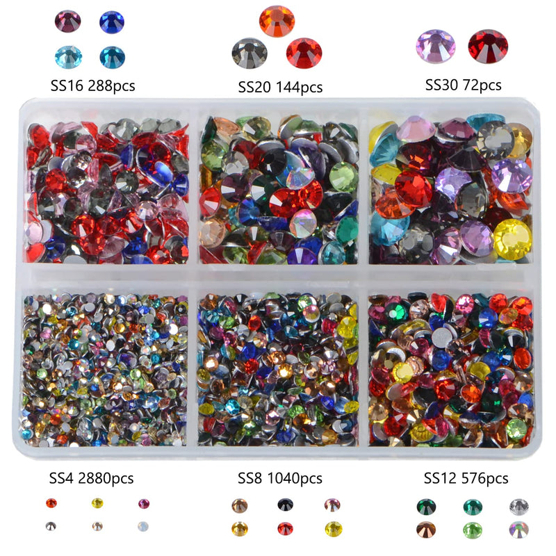 Bymitel 5000 Pieces 6 Mixed Sizes Glue Fix on Glass Rhinestones Round Crystal Gems Flatback for DIY Jewelry Making with one Picking Pen(Mix: SS4-SS30/5000PCS, Mixed Colors) MIX 6-SIZES 5000PCS