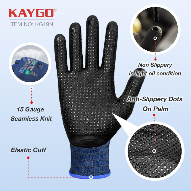 KAYGO MicroFoam Nitrile Coated Work Gloves, 12 Pairs KG19N Seamless Knit Nylon, Micro Dots for Enhanced Grip, Breathable and Durable, Ideal for Automotive, General Assembly, Painting, Blue, M Medium (Pack of 12)