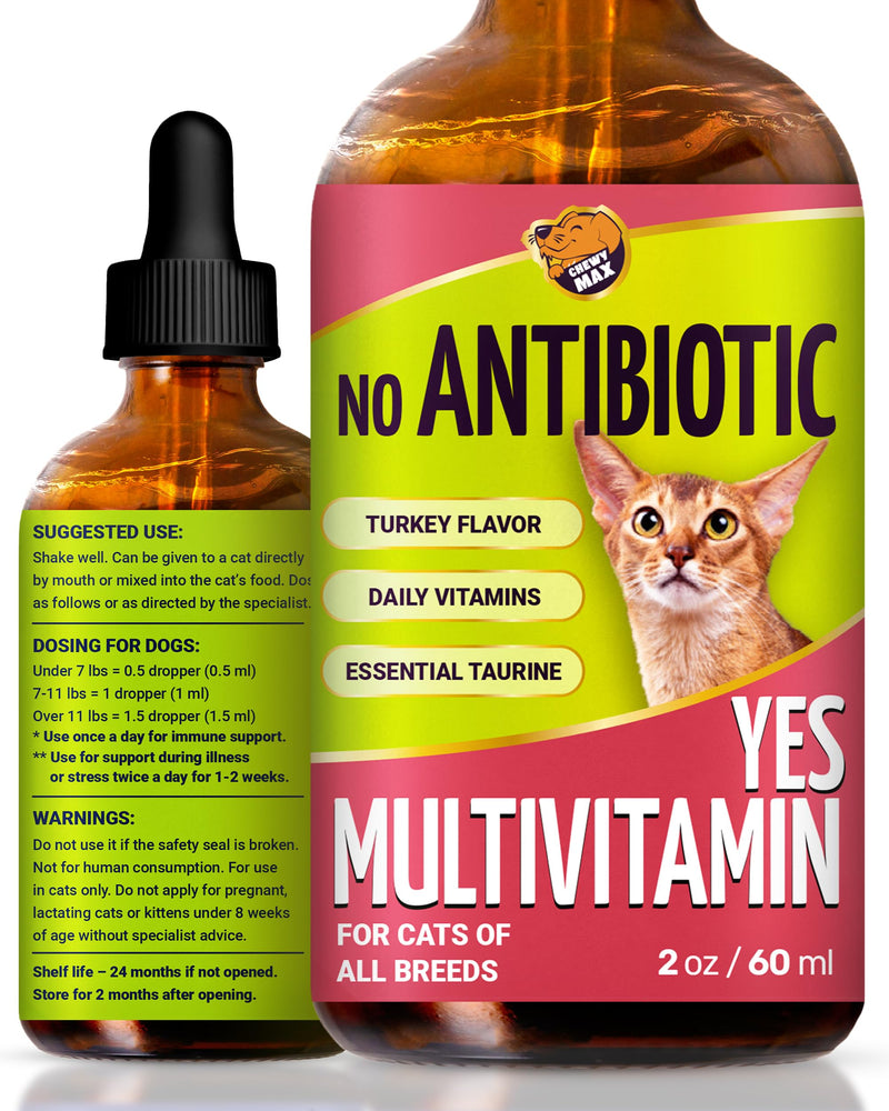 Cat Multivitamin Complex with Turkey Flavor – Natural Cat Antibiotic Liquid Alternative to Help with Allergies, UTIs & Cough – Herbal No Antibiotic Yes Multivitamin for All Breeds – 2 Oz 2 Fl Oz
